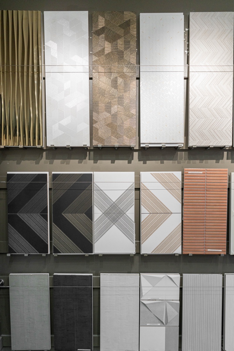 Italian and domestic porcelain tile samples arranged in the showroom