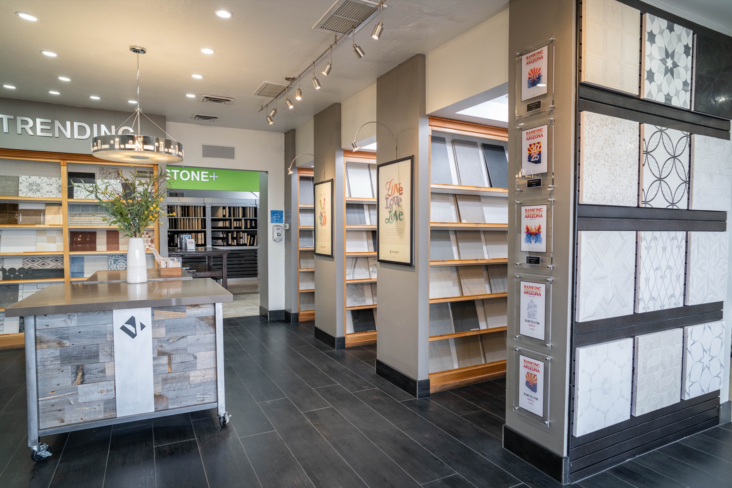Wide interior view of the Villagio showroom, the setting for a quarter century of Arizona's luxury tile and stone story